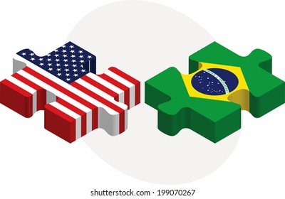 Vector illustration of USA and Brazil Flags in puzzle isolated on white background