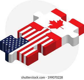 Vector illustration of USA and Canada Flags in puzzle isolated on white background