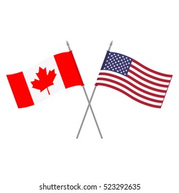 Vector illustration of USA and Canada flags. Two little American and Canadian triangle flag on flagpole