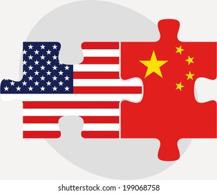 Vector illustration of USA and China Flags in puzzle isolated on white background