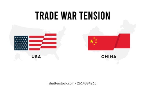 Vector illustration of USA and China trade war tension, featuring national flags over map silhouettes. Symbolic graphic for economic conflict, import tariffs, and global business