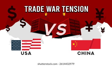 Vector illustration of USA and China trade war tension, featuring national flags over map silhouettes. Symbolic graphic for economic conflict, import tariffs, and global business