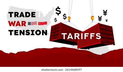 Vector illustration of USA and China trade war tension, featuring national flags over map silhouettes. Symbolic graphic for economic conflict, import tariffs, and global business