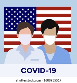 Vector illustration USA Coronavirus Pandemic Quarantine China virus COVID-19 Danger 2019-nCoV Outbreaks of influenza American flag Doctor wearing medical mask Worldwide threat of infection Health risk