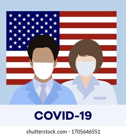 Vector illustration USA Coronavirus Pandemic Quarantine  virus COVID-19 Danger 2019-nCoV Outbreaks of influenza American flag Doctor wearing medical mask Worldwide threat of infection Health risk