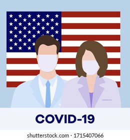 Vector illustration USA Coronavirus Pandemic Quarantine  virus COVID-19 Danger 2019-nCoV Outbreaks of influenza American flag Doctor wearing medical mask Worldwide threat of infection Health risk
