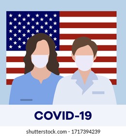 Vector illustration USA Coronavirus Pandemic Quarantine  virus COVID-19 Danger 2019-nCoV Outbreaks of influenza American flag Doctor wearing medical mask Worldwide threat of infection Health risk