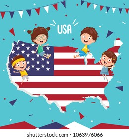 Vector Illustration Of USA Flag And Kids