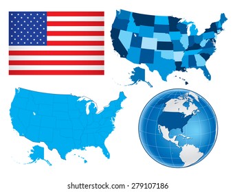 Vector illustration of USA flag and maps. Used global colors on maps.