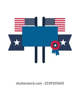 Vector illustration of the USA flags and decorative ribbon with field for text. Patriotism, national holidays, or events celebrating American culture. Website designs for government agencies,
