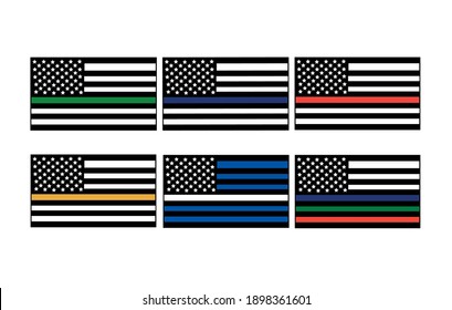 Vector illustration of the USA flat flags set in honour of firefighters, law enforcement officers, military, search and rescue personnel, EMS and EMT.