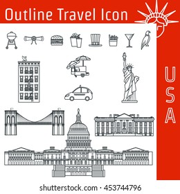 Vector Illustration of USA Icon Outline for Design, Website, Background, Banner. Tourism American Landmarks Element Template. Statue of Liberty, White House, Congress of the United States