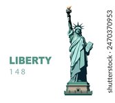 Vector illustration. USA Independence Day, Statue of Liberty monument, poster presentation. Green flat design template. USA holiday. National symbol of America New York, banner, advertisement, freedom