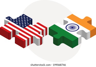 Vector illustration of USA and India Flags in puzzle isolated on white background