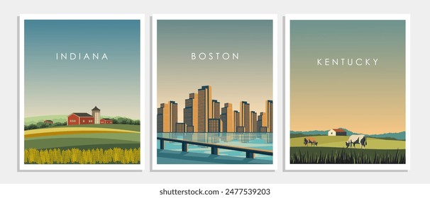 Vector illustration. USA: Indiana, Boston, Kentucky. Design of posters, banners, cards, covers. Modern design. Tourism.