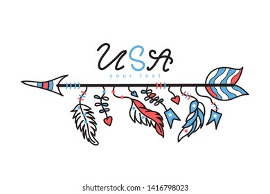 Vector illustration for USA isolated on a white background. Arrow with feathers and American flag, boho style. Print design for T-shirts, cards, decor for the holiday of July 4, Independence Day.