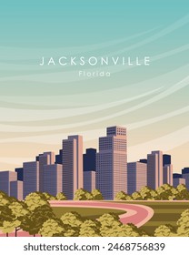 Vector illustration. USA, Jacksonville, Florida. Wall poster design, cover, postcard. Tourism, travel. City, skyscrapers, city life. Modern design.