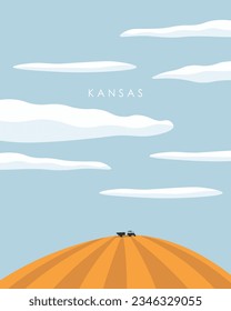 Ilustración vectorial. EEUU, Kansas. Campo, agricultura, tractor, cosecha. Diseño para afiches, banner, embalaje, postal.