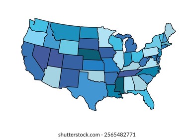 Vector illustration of USA map in blue tones isolated on white background.