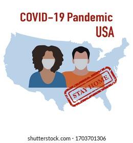 Vector ilustración USA Map Covid-19 Personas con máscaras protectoras. Cuarentena. Pandemia. Detener la propagación del virus de la corona 2019-nCoV Protección, prevención de infecciones Pathogen respiratorio Diseño para impresión