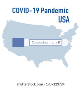 Vector illustration USA Map Covid-19 Pandemic. Positive virus test result. Test tube. Quarantine. Stop the spread of corona virus 2019-nCoV Pathogen respiratory Health, medicine Design for web, print