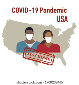 Vector illustration USA Map Covid-19 People in protective masks. Quarantine. Pandemic. Stop the spread of corona virus 2019-nCoV Protection, infection prevention Pathogen respiratory Design for print