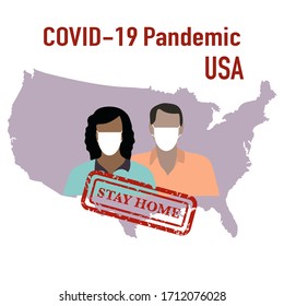 Vector illustration USA Map Covid-19 People in protective masks. Quarantine. Pandemic. Stop the spread of corona virus 2019-nCoV Protection, infection prevention Pathogen respiratory Design for print