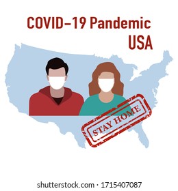 Vector illustration USA Map Covid-19 People in protective masks. Quarantine. Pandemic. Stop the spread of corona virus 2019-nCoV Protection, infection prevention Pathogen respiratory Design for print