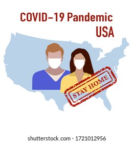 Vector illustration USA Map Covid-19 People in protective masks. Quarantine. Pandemic. Stop the spread of corona virus 2019-nCoV Protection, infection prevention Pathogen respiratory Design for print