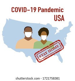 Vector ilustración USA Map Covid-19 Personas con máscaras protectoras. Cuarentena. Pandemia. Detener la propagación del virus de la corona 2019-nCoV Protección, prevención de infecciones Pathogen respiratorio Diseño para impresión