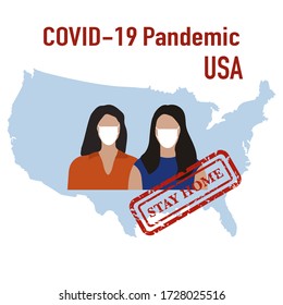 Vector illustration USA Map Covid-19 People in protective masks. Quarantine. Pandemic. Stop the spread of corona virus 2019-nCoV Protection, infection prevention Pathogen respiratory Design for print