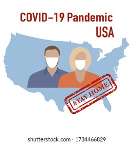 Vector illustration USA Map Covid-19 People in protective masks. Quarantine. Pandemic. Stop the spread of corona virus 2019-nCoV Protection, infection prevention Pathogen respiratory Design for print