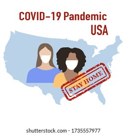 Vector illustration USA Map Covid-19 People in protective masks. Quarantine. Pandemic. Stop the spread of corona virus 2019-nCoV Protection, infection prevention Pathogen respiratory Design for print
