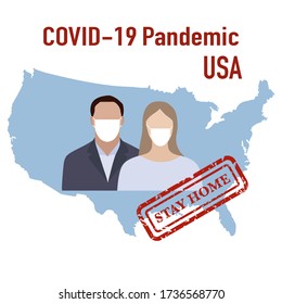 Vector illustration USA Map Covid-19 People in protective masks. Quarantine. Pandemic. Stop the spread of corona virus 2019-nCoV Protection, infection prevention Pathogen respiratory Design for print