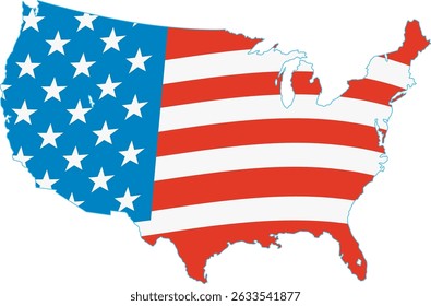 Vector illustration of the USA map filled with the American flag pattern, featuring stars and stripes in red, white, and blue