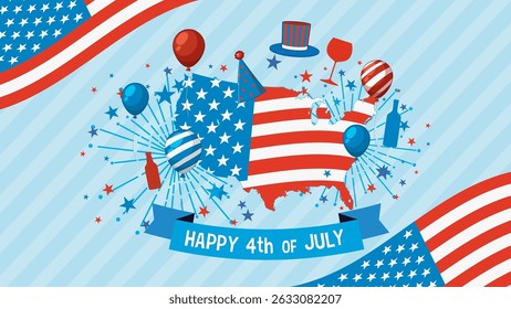 Vector illustration of USA map with fireworks, balloons, and patriotic symbols in red, white, and blue colors