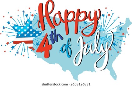 Vektorgrafik der USA-Karte mit Feuerwerk und festlicher Typografie in den Farben Rot, Weiß und Blau