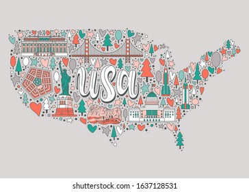 Vector illustration of USA Map. Flat style. Travel design for poster, cards, magnet and other