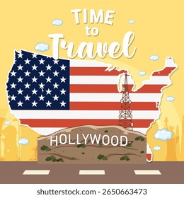 Vector illustration of USA map with Hollywood sign. Features vibrant colors, iconic landmarks, and travel theme elements