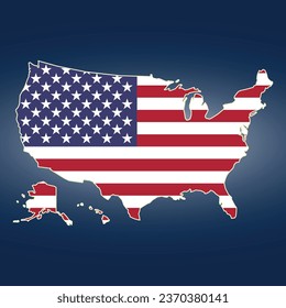 Vector illustration of USA map overlaid with the national flag, highlighting the country's geographic outline combined with its national colors.