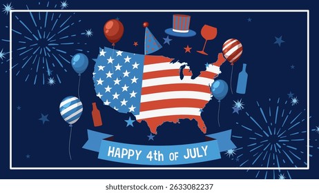 Vector illustration of USA map with stars and stripes, surrounded by festive balloons and fireworks on a dark blue background