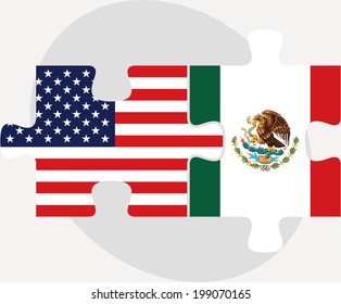 Vector illustration of USA and Mexico Flags in puzzle isolated on white background