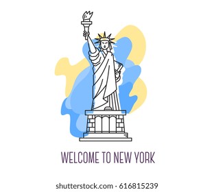 Vector illustration of USA monument Statue of Liberty. New York landmark full body. American patriotic symbol. Thin line art design on abstract blue and yellow background