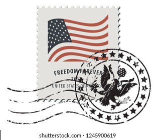 Vector illustration of a USA postage stamp with a postmark in retro style. American national flag and inscription Freedom forever.