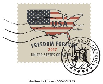 Vector illustration of a USA postage stamp with a postmark in retro style. American national flag and inscription Freedom forever.