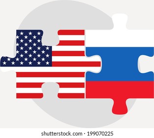 Vector illustration of USA and Russia Flags in puzzle isolated on white background