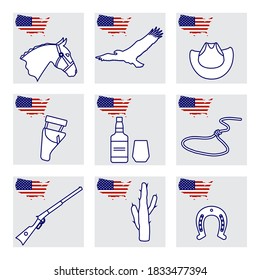 Vector Illustration USA fijó los símbolos nacionales estadounidenses Águila, sombrero de vaquero, cactus, whisky, lasso, herradura, cabeza de caballo, holster, pistola 4 de julio Día de la Independencia Colección de Wild West Orgullo orgullo patriótico