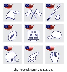 Vector Illustration USA setzen amerikanische nationale Symbole Adler Kopf, Baseballschläger, Handschuh, Ball, Kappe, Rugby-Ball, Helm, Scoreboard, Pfeifen. Beliebte Sportarten in Amerika. Patriot Stolz. Design für den Druck
