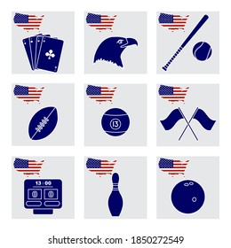 Vector Illustration USA set American national symbols Playing cards, eagle head, baseball bat, rugby, billiard ball, scoreboard, flags, bowling pin, bowl. Popular sports America Design for print