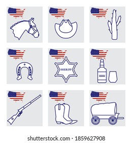 Vector Illustration USA puso los símbolos nacionales estadounidenses Cabeza de caballo, botas de vaquero, sombrero, cactus, herradura, estrella del sheriff, whisky, pistola, furgoneta. 4 de julio Día de la Independencia. Cowboy Wild West. Orgullo patriótico